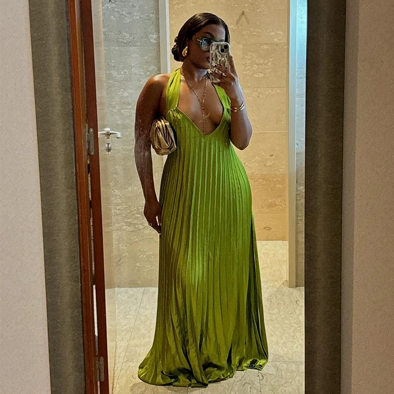 Graceful Stunning Evening Dress Olive Green Halter V-neck Backless Pleated  Oversized Hem Dresses for Ladies| Alibaba.com