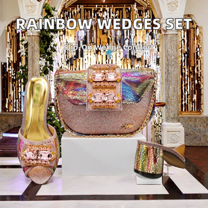High Quality rainbow <b>Wedges</b> Slip-On PU Lightweight Printed Rhinestone Elegant Bridal Shoes & Bag <b>Set</b> for Party Summer Winter - Product Image 2