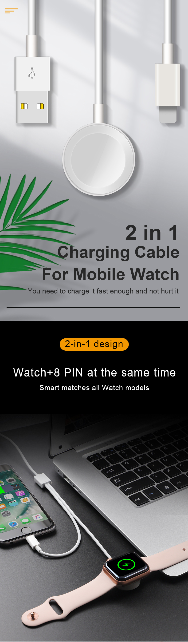 2 in 1 usb data cable for iphone and watch charging cable