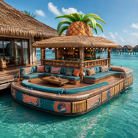 Bar flottant gonflable Tiki avec toit en chaume ananas, canapés souples et tabourets de bar pour les rassemblements aquatiques tropicaux en lac ou en mer