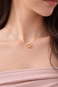 Stylish Double <b>Ring</b> Gold Plated Diamond Link Chain Pendant <b>Necklace</b> Luxury Minimalist Design for Wedding Engagement Party Gift - Product Image 3