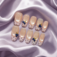 Kuku Palsu 3D Blueberry Buatan Tangan Warna Nude Pink Cat Eye dengan Polka Dot French Tip Kuku Salon Kustom yang Dapat Digunakan Kembali untuk Musim Panas