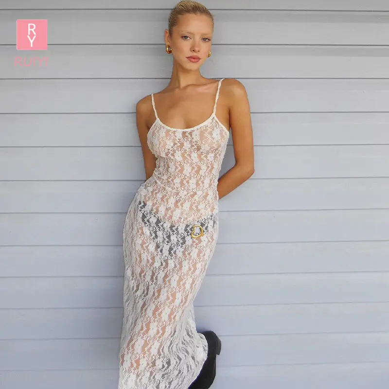 RUIYI 새로운 메쉬 꽃 섹시한 등이없는 레이디 긴 원피스 여성 여름 해변 원피스 비치웨어 여성 드레스