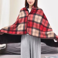 Karierte Polyester-Schaldecke, verdickt, tragbar, mit Knopfleiste vorne, leichte Nickerchendecke für Bett, Sofa, Büro