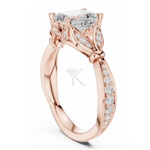 Anillo de compromiso con corte esmeralda en oro amarillo, diseño de hoja inspirado en la naturaleza, anillo de diamantes estilo vintage con tallo dividido, anillo de promesa elegante - Product Image 5