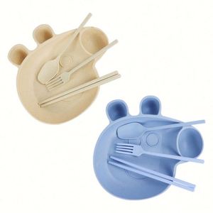 Ensemble de vaisselle pour enfants en paille de blé, style mignon cochon, quatre pièces, assiettes à compartiments - Product Image 4