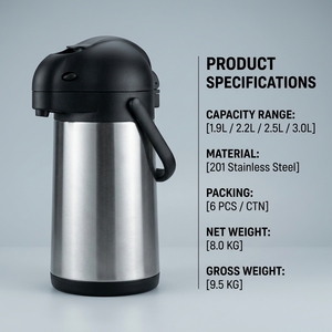 Insulated Stainless Steel Vacuum Coffee Air Pot with Pump, Large Capacity <b>Thermos</b> Flask for Hot Beverage - Product Image 4