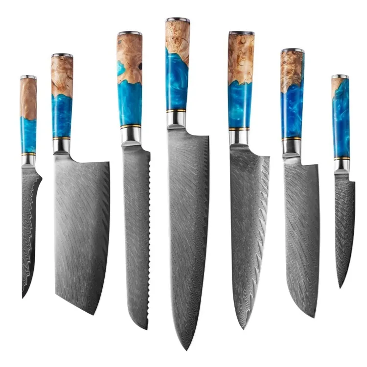 Customized 7pcs sharp Damascus 67 layers damascus steel knives with resin handle kitchen knife set