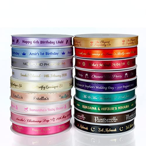 ริบบิ้นผ้าซาตินพิมพ์ลายโลโก้สีทองแบบกำหนดเองได้ พิมพ์ได้สองด้าน ม้วนริบบิ้นผ้าซาตินพร้อมโลโก้ - Product Image 2