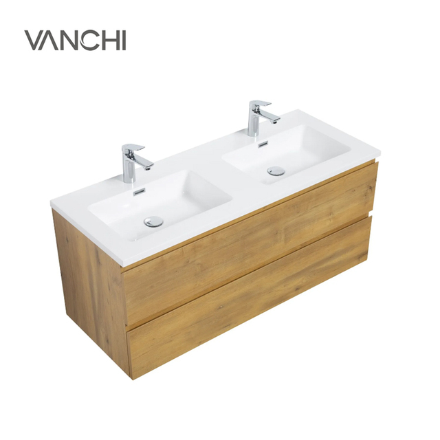 High End Popular Plywood Floating Bathroom Vanity  Wall Mounted Double Sink Vanities With Mirror and Side Cabinet