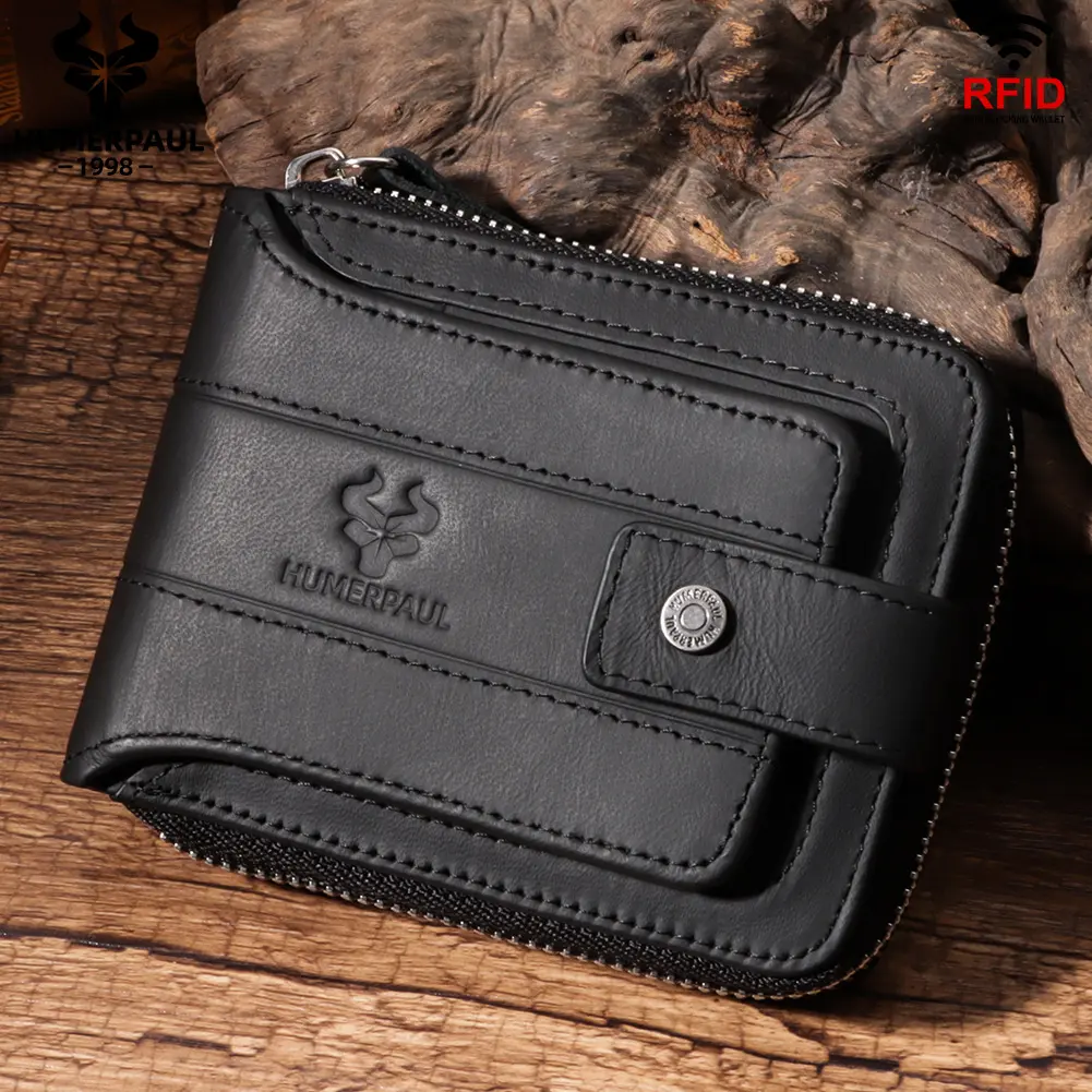 ארנק עור פרה אמיתי לגברים רוכסן זכר תיק אחסון עם כיס מטבעות RFID חסימת מחזיק כרטיס אשראי בילטרה