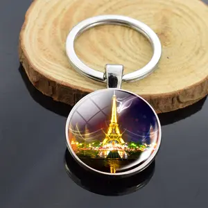 France Paris Eiffel Tower Pattern Double Side Glass Cabochon Pendant Keychain Silver Keyring for Men Women Travel Gifts Souvenir