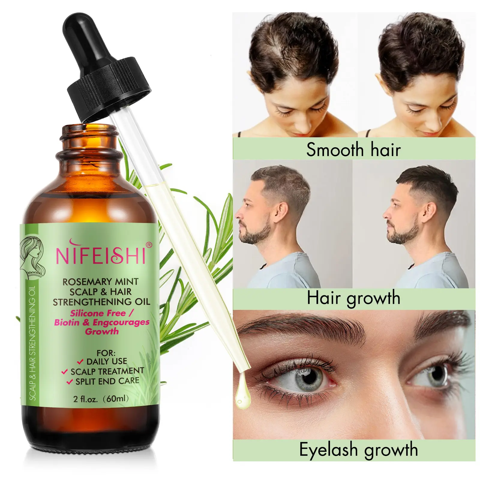 Huile essentielle biologique à la biotine pour le renforcement des cheveux, à la menthe et au romarin, pressée à froid, pour le massage corporel et la croissance des cils.