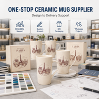 Coffret Cadeau Mug de Voyage Personnalisé avec Logo, Motif Vintage Art Lignaire Paris, Pont Alexandre III, Dôme des Invalides, en Porcelaine Fine