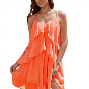 Vestido Mini de Chifón Naranja para Mujer al por Mayor con Tirantes Finos y Volantes en el Bajo, Holgado, Transpirable, Casual, Primavera/Verano - Product Image 4