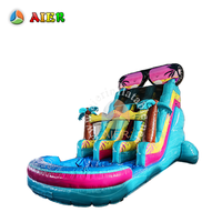 Toboggan aquatique gonflable commercial de 20 pieds en PVC, motif palmier et lunettes de soleil, avec piscine, toboggan tropical pour locations événementielles
