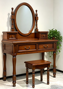 Traditional Solid Wood Makeup <b>Vanity</b> Set With <b>Mirror</b> And Stool 2 Drawers Mahogany Bedroom Dressing Table - Product Image 5
