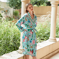 [Flamingo] Bata de Seda de Hielo Elegante y de Diseño Exclusivo para Mujer, Manga Larga, Ideal para Verano, Primavera y Otoño, Transpirable, Ropa para el Hogar