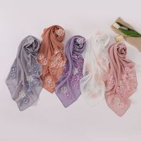 Foulard Carré en Chiffon Pur 90cm, Écharpe Musulmane Florale avec Perles, Châle Bawal pour Femme Musulmane