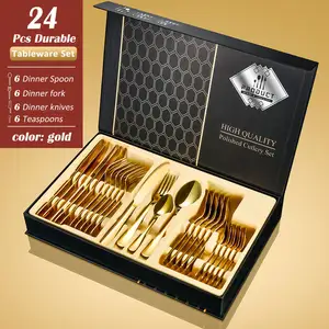 High Quality Stainless Steel Silverware Set Wholesale Silver Flatware 24 Pcs Knife Spoon Fork Gold Cutlery Set With Box