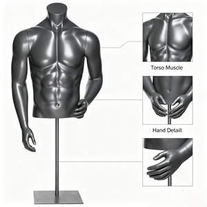 M029-HEF-08 Mannequin <span class=keywords><strong>Homme</strong></span> Sans Tête Gris Brillant avec Support, <span class=keywords><strong>Torse</strong></span> <span class=keywords><strong>Musclé</strong></span> pour Présentation de Vêtements et de Sportswear Masculins - Product Image 2