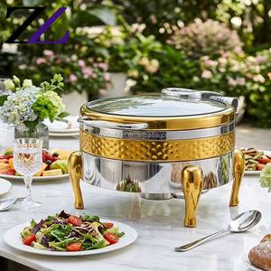 Juego de buffet de autoservicio con estufa de acero inoxidable 18/10 redonda, 6L, dorado, para catering, tipo Vyombo Vya, con platos para calentar. - Product Image 1