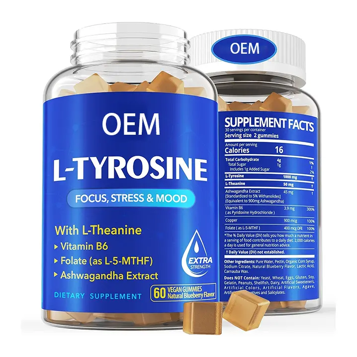 OEM özel etiket l-tirozin nootropik beyin anksiyete kabartma takviyesi beyin odak B vitamini kompleksi ile L tirozin Gummies