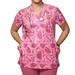 Anti-Wrinkle Hospital Nursing Scrubs Uniforms Sets All Over Printed Top Nursing Scrubs V-Neck Knitted Nurse Uniform