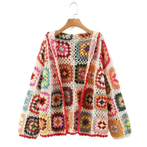 2023 spring and autumn new European style fashion temperament urban casual women's plaid handcrafted hooded sweater