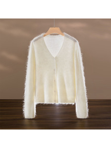 Cardigan décontracté en laine et cachemire pour femme, anti-boulochage, tricoté sans couture, col en V, simple boutonnage - Product Image 3