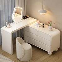 Coiffeuse d'angle de luxe en bois massif style crème avec tiroirs intégrés, miroir éclairé, amovible, moderne, minimaliste et extensible