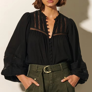 Camicie Casual a maniche lunghe in cotone <span class=keywords><strong>di</strong></span> alta qualità e pantaloni cavi neri monopetto da <span class=keywords><strong>donna</strong></span> - Product Image 1