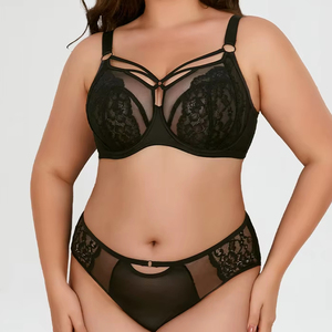 Plus Size Lace Bra Push-Up Underwire Everyday Seamless Gathered Thin Sheer Mesh Large Breasts Sexy Lingerie Underwear Set