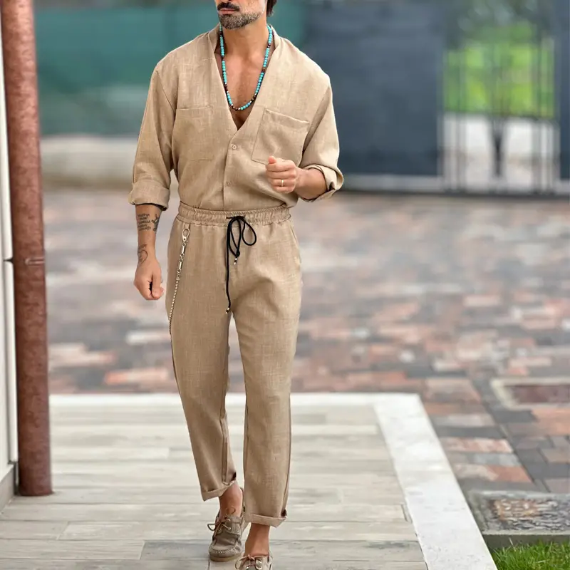 European and American men's 2023 casual cotton and linen suit men's loose long trousers top shirt shirt two-piece casual pants