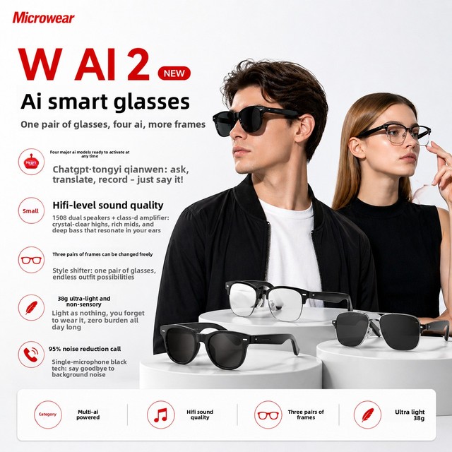 [2026 New] AI Smart Glasses, 3 Interchangeable Frames, Magnetic Charging, Noise Canceling, Real-time Translation & AI Vision