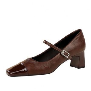 Retro Heel, Thick Heel, Shallow <strong>Mouth</strong> Splicing, Square Toe Rhinestone Buckle, Single Strap, Spring and Autumn Women's Shoes - Product Image 5