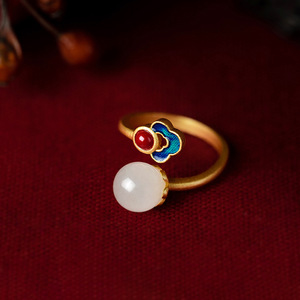 Sterling Silver Antique Gold <b>Ring</b> With Natural Hetian <b>Jade</b> Enamel Chinese Style Open Design Flower Shape Auspicious Clouds - Product Image 4