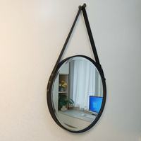 Miroir mural rond rustique avec sangle en cuir amovible, écologique, facile à installer pour le maquillage, la décoration du salon et de la salle de bain