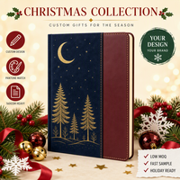 Carnet personnalisé Noël Forêt sous la Lune Bleu Marine Bourgogne, couverture rigide A5, reliure cousue, 80 feuilles, estampage à chaud doré