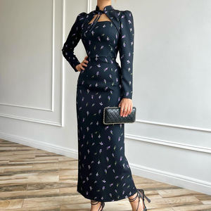 Maxi abito da donna <span class=keywords><strong>con</strong></span> stampa floreale 2025 a manica lunga <span class=keywords><strong>con</strong></span> <span class=keywords><strong>spacco</strong></span> posteriore abiti neri eleganti da donna - Product Image 1