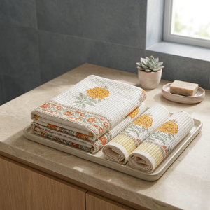 Juego de Toallas de Baño y de Mano MALONI CREATIONS, 1 Toalla de Baño y 2 Toallas de Mano, de Algodón Waffle de la Mejor Calidad, Secado Rápido, Diseño Floral Estampado a Mano, Rectangulares, para Adultos - Product Image 2