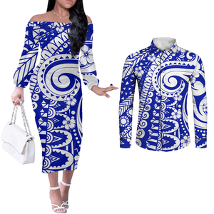 Polynesische Tribale Bijpassende Outfits Voor Koppels Lange Mouwen Off Shoulder Jurk En Shirt Set Met Eiland Patroon Lage Moq - Product Image 3