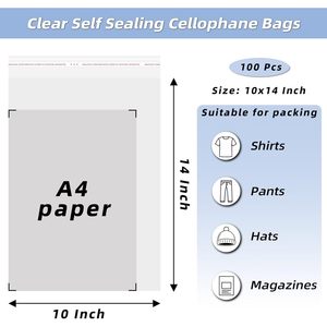Clear Resealable Cellophane <b>Plastic</b> <b>Bags</b> 10x14 Inch Pack Of 100 For Clothing Packaging Self Sealing Dust Prevention - Product Image 2