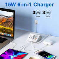 Station de charge pour ordinateur portable PD Electric 5V/3A 15W ignifuge à 6 ports (3C3A) avec câble rétractable de 1,8 m, prise EU, certifiée UKCA et CE