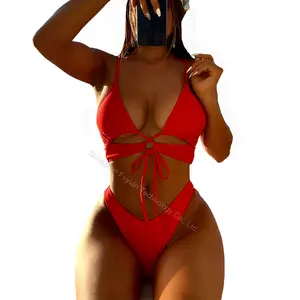 Conjunto de biquíni fio dental vermelho sensual, moda praia feminina biquíni saia