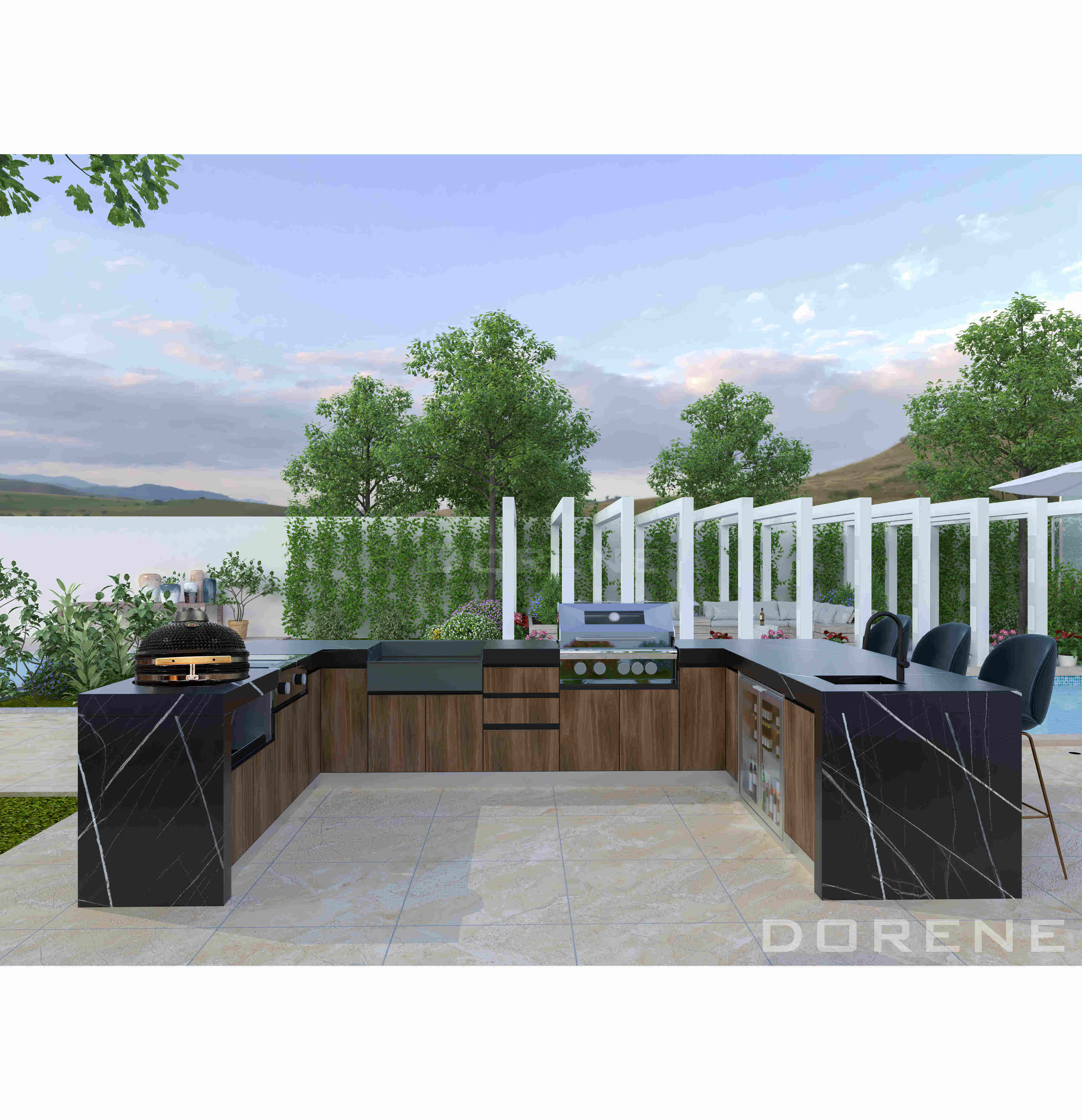 2023 Dorene Home Party Wood Grain U Shaped Outdoor Free Standing Cheap  Stainless Steel Prefab Kitchen Cabinet