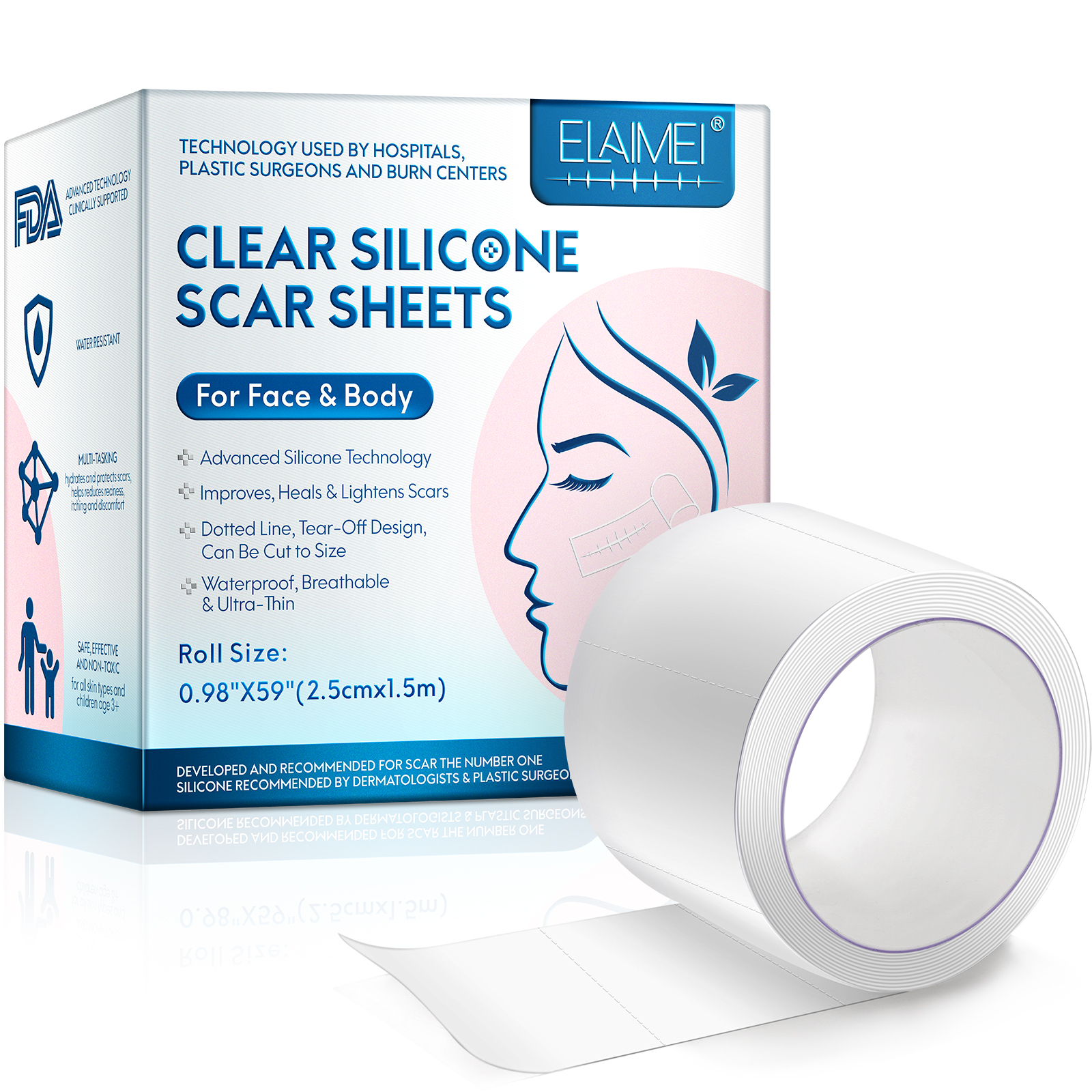 ELAIME Clear Silicone Scar Sheets – Medical-Grade Silicone Scar Tape for Face & Body, Waterproof, Breathable & Ultra-Thin Scar Treatment for Surgical, C-Section, Burn & Keloid Scars – Cut-to-Size Roll 0.98" x 59" (2.5cm x 1.5m)