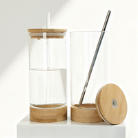 Gobelet en verre de haute qualité avec couvercle en bambou 16 oz avec pailles en verre ou en acier inoxydable pour jus, café, smoothies
