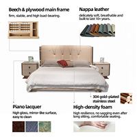Lit plateforme moderne de luxe italien King/Twin XL avec tête de lit rembourrée en cuir véritable confortable, finition brillante effet piano