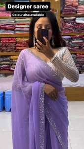 Sari de Diseño con Estampado y Estilo de Volantes de Bollywood para Fiesta, en Georgette Arrugado, para Mujer, Últimos Diseños de Blusas de Sari de la India - Product Image 2